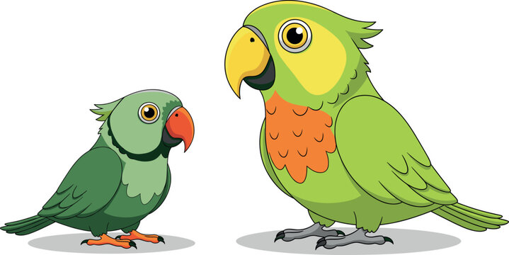Vector illustration set featuring two vibrant green tropical parrots with colorful beaks and feathered chest accents for nature design