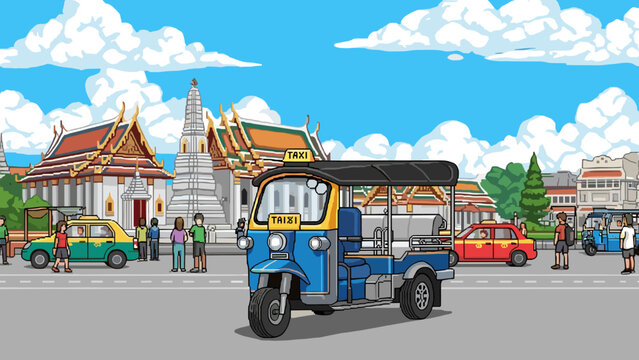 Tuk tuk in vibrant thai street with traditional architecture and urban life