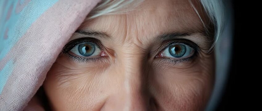 Close-up of a woman with blue eyes and a headscarf showing her expression and character during a quiet moment in a simple setting