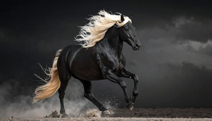 Obraz premium Majestic Black Horse with Flowing Mane in Dynamic Motion.