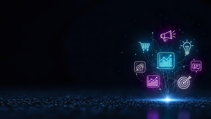 Fototapeta premium Digital marketing technology concept with glowing neon business icons floating above data stream on dark background for presentations and web design.