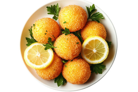 Fried cheese balls with lemon & parsley on a white plate
