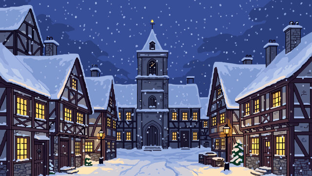 Charming winter village scene with medieval architecture in pixel art style