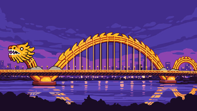 Retro pixel art dragon bridge at sunset reflecting over water