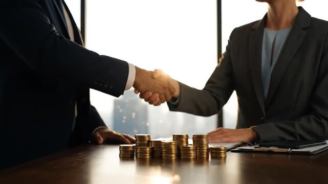 Business Handshake Securing Financial Investment Deal with Stacked Coins