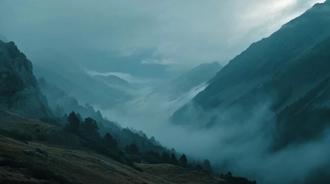 Dramatic fog rolling through steep mountain valley wilderness nature