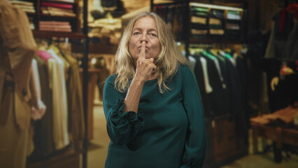 Senior blonde woman puts finger to lips shushing then gives thumb up amid racks of clothes in a...