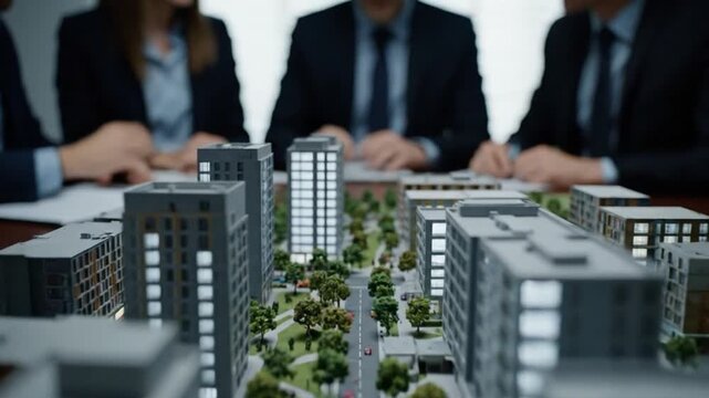 Business Team Reviewing Urban Real Estate Development Scale Model