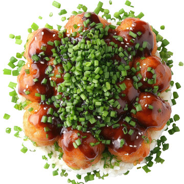 Takoyaki dish w/chives, sauce, and rice, overhead view