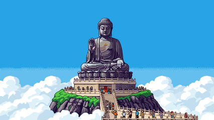 Fototapeta premium Pixel art buddha statue on mountain surrounded by clouds and visitors