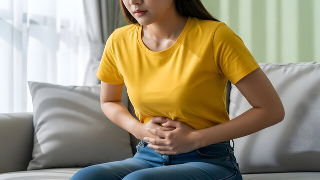 Young woman suffering from severe abdominal pain and stomach ache at home | Female having intense period pain or menstrual cramps on sofa | Indigestion, gastritis, or food poisoning health issue
