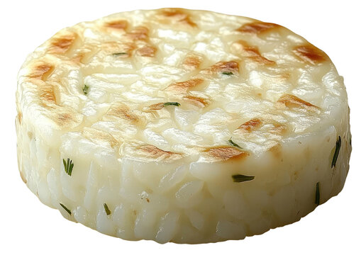Round rice cake, cooked, golden crust. Parsley specs