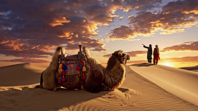 A breathtaking desert scene unfolds at golden hour, as two individuals stand silhouetted atop a vast sand dune, one pointing towards the distant horizon. Two majestic camels, adorned with vibrant, tra