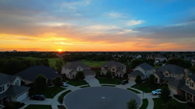 Aerial View of Suburban Neighborhood at Sunset with Residential Homes