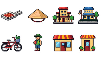 Obraz premium Charming pixel art town with buildings, bicycle, and local figure