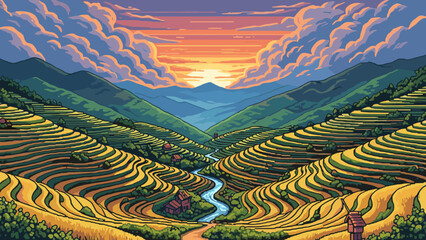 Obraz premium Vibrant pixel art landscape at sunset with rolling hills and rice terraces