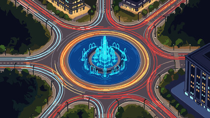 Neon fountain at night in city roundabout with moving car lights in pixel art style © Ophelia