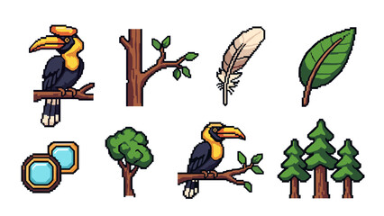 Obraz premium Colorful woodland creatures and nature elements in pixel art style