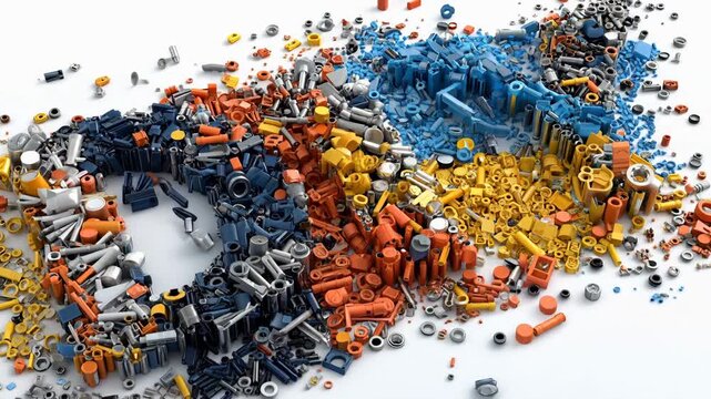 Various plastic items form the letters DN on a white background creating an interesting visual effect