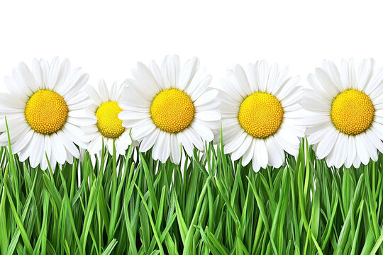 Daisies in grass, row of blooming flowers on black
