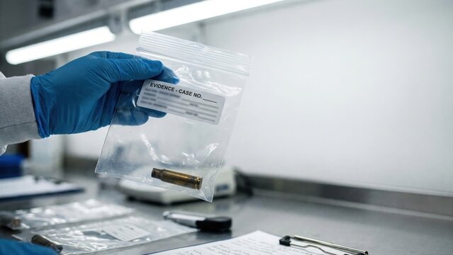Hand Holding Clear Plastic Evidence Bag with Bullet Casing in Laboratory Setting