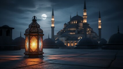 An ornate metal lantern with a warm glow sits on a dark rooftop, providing light against the dramatic backdrop of a grand mosque illuminated under a bright full moon at night.