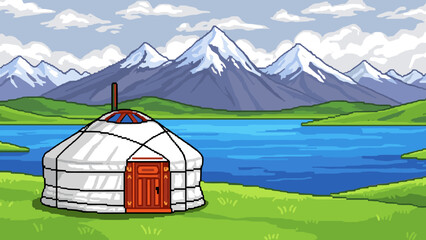Pixel art yurt dwelling on a grassy shore with snow-capped mountains and a lake