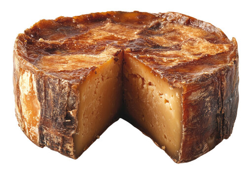 Firm, tan cheese wheel with a slice removed