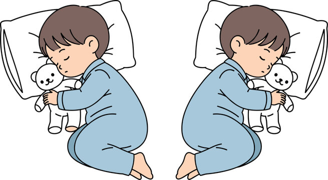Vector illustration set of a child sleeping peacefully in blue pajamas while hugging a white teddy bear toy