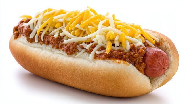 hot dog with chili and cheese on white background