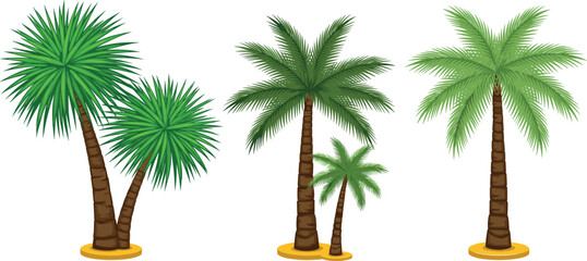 Vector illustration set of five detailed tropical palm trees featuring spiky fronds fan leaves and classic island beach foliage © Tofajjol