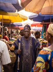 Fototapeta premium Regal Yoruba elder wearing traditional agbada robe in a vibrant nigerian market setting