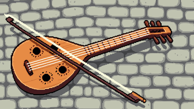 Pixel art lute with bow on a stone wall background, retro gaming aesthetic