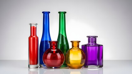 A collection of colorful glass bottles on a white surface