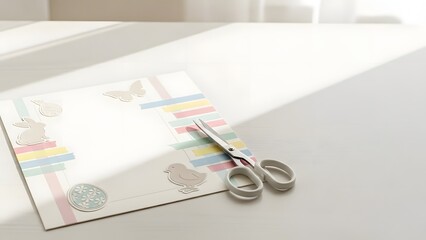 A pair of scissors on a colorful card with a white background