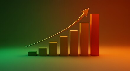 Colorful 3D bar chart with rising arrow graph showing growth trend