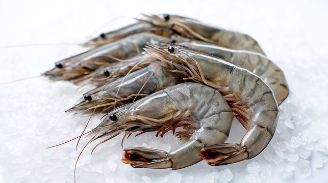 raw shrimp on ice for seafood market display
