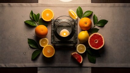 A beautifully arranged still life of citrus fruits and a candle on a table