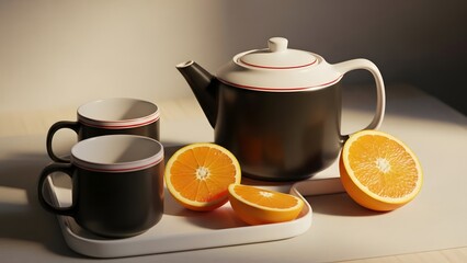 A still life of a teapot and cups with sliced oranges on a tray