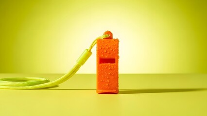 A bright orange portable power bank with a yellow cable on a yellow surface