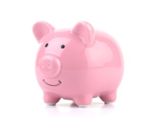 Pink Piggy Bank on White Background - Saving Money Concept.