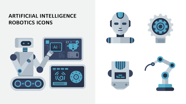 visual representation of artificial intelligence and robotics depicting various robotic components and interfaces in a modern flat design style high quality professional detailed elegant stylish clean