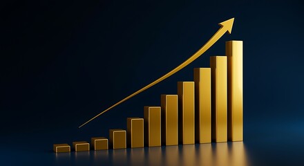 Golden bar chart with rising arrow on dark background