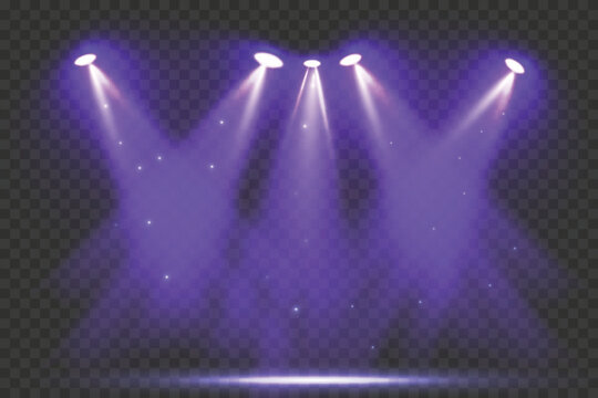 Stage spotlights with puple glow and bright downward beams. Realistic vector spotlight for stages, presentations and show design.