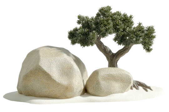 Miniature tree growing next to smooth, rounded rocks