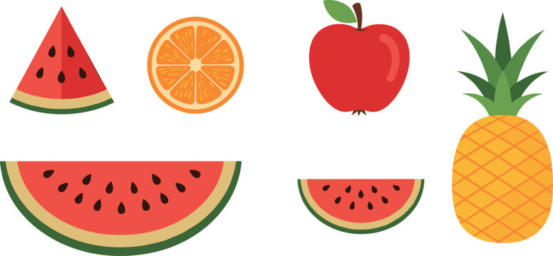 Vector illustration set of fresh fruit featuring a whole pineapple red apple orange slice and various red watermelon wedges