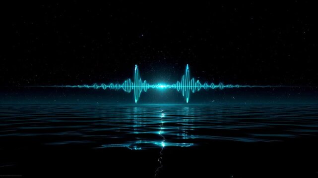 Neon waveform emanates above dark, rippling water under a starlit sky