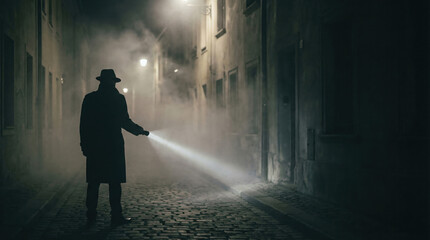 Fototapeta premium Mysterious Detective in Trench Coat with Flashlight Amidst Foggy Night Atmosphere