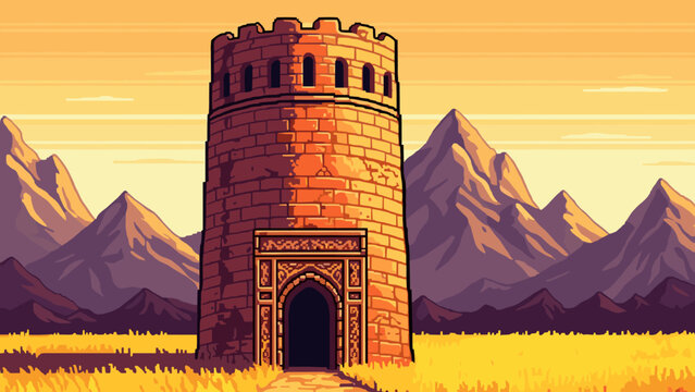 Pixel art ancient brick tower stands tall against a mountain backdrop at sunset