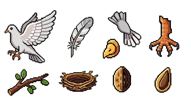 Pixel art collection of bird elements including a dove, feather, nest, and food items